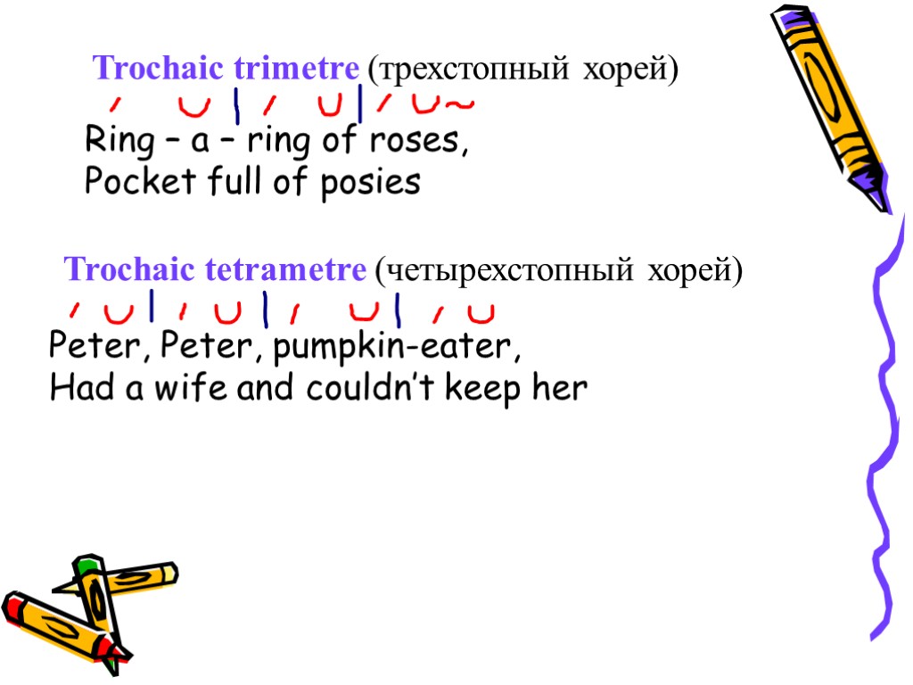 Trochaic trimetre (трехстопный хорей) Ring – a – ring of roses, Pocket full of